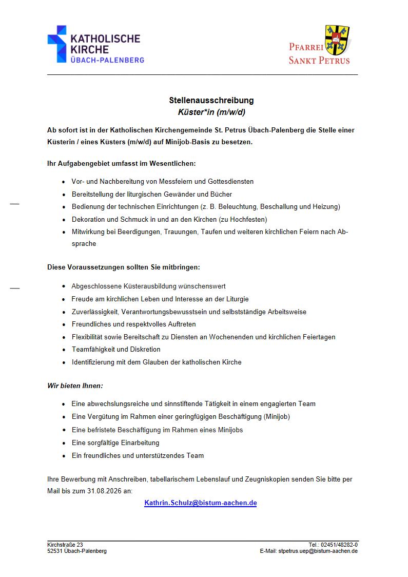 Stellenausschreibung Küster (c) Pfarrei
