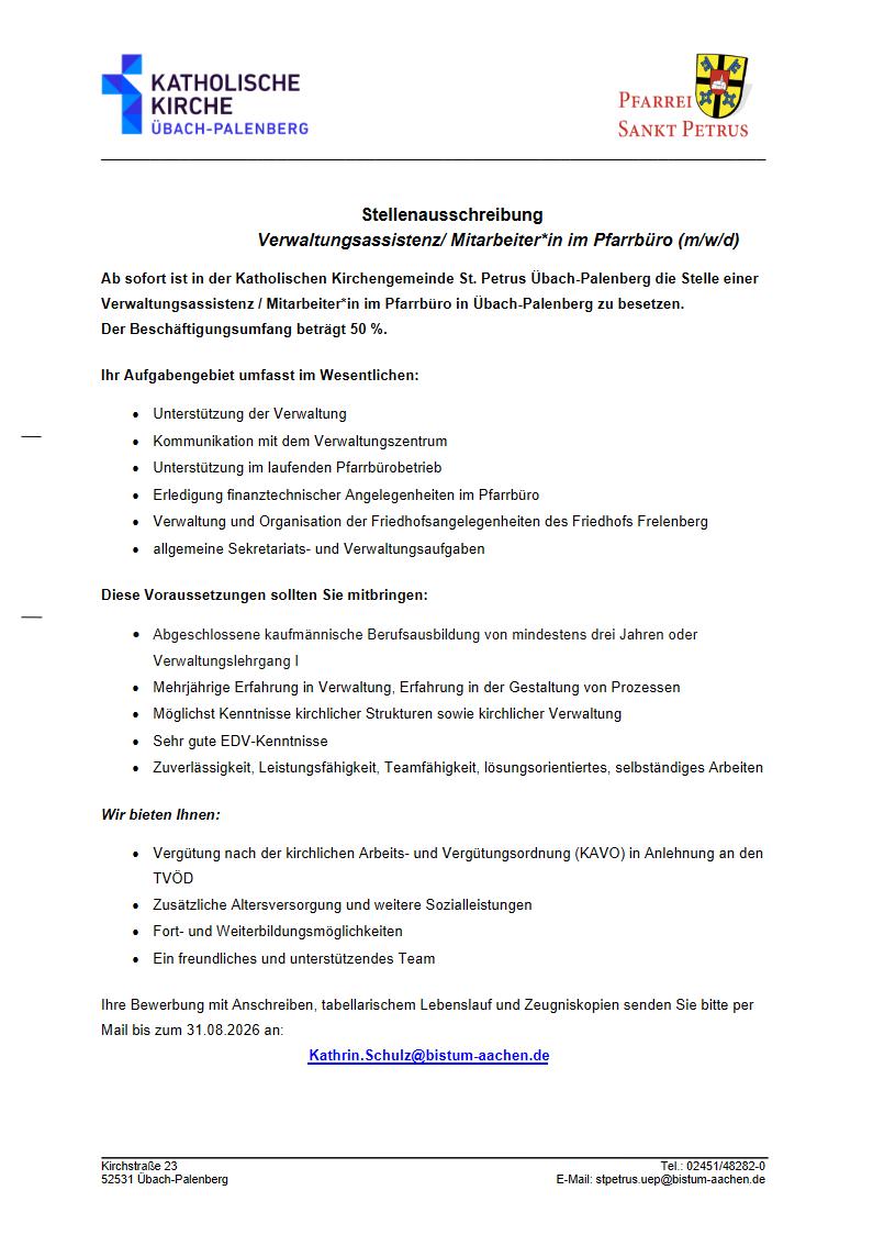 Stellenausschreibung Verwaltungsassistenz (c) Pfarrei